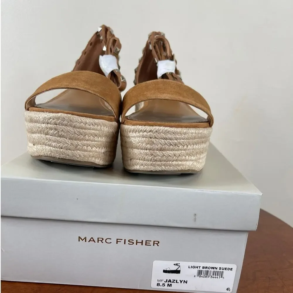 Marc Fisher Jazlyn Studded Espadrille Wedge Sandal Brown Suede Women's Size 8.5